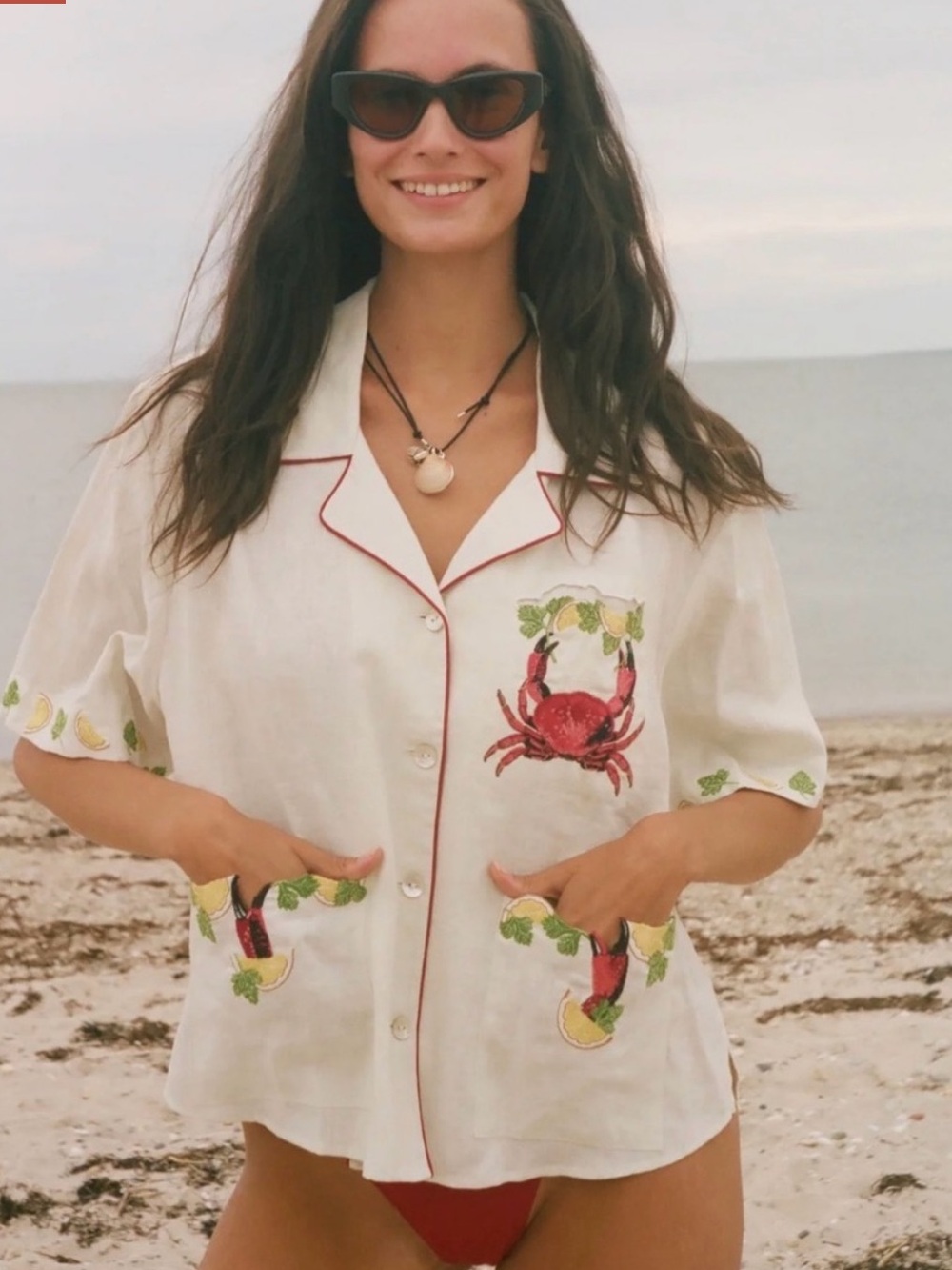 Tombolo Women’s Short-Sleeve Buttoned Shirt with Crab Legs & Lemon Embroidery